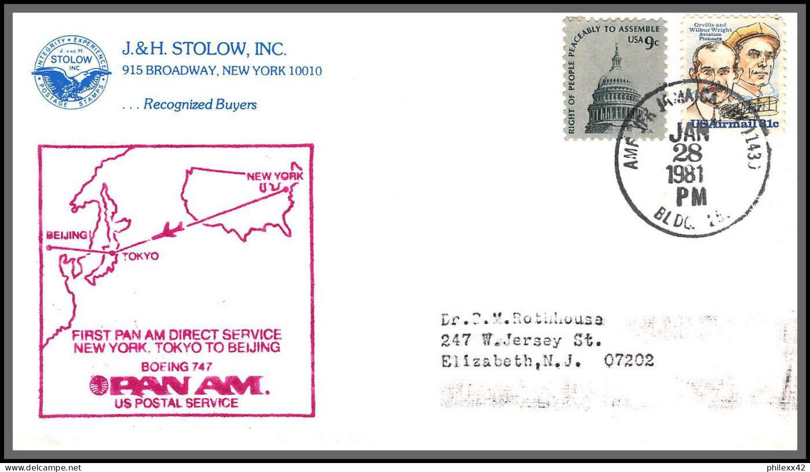 12595 Pan Am Direct Service New York Tokyo Japan 28/1/1981 Premier Vol First Flight Lettre Airmail Cover Usa Aviation - 3c. 1961-... Covers