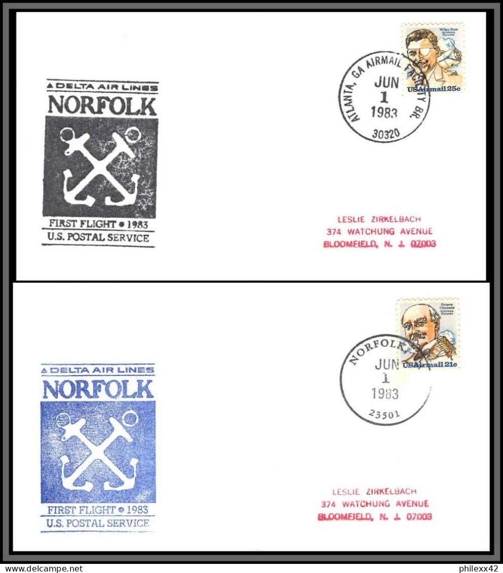 12582 Lot 2 Couleurs Delta Airlines Norfolk Atlanta 1/6/1983 Premier Vol First Flight Lettre Airmail Cover Usa Aviation - 3c. 1961-... Covers