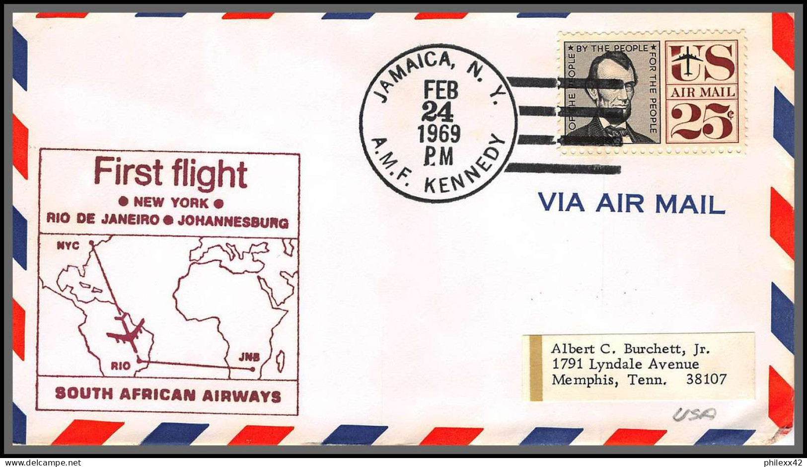 12562 South African Airways New York Rio De Janeiro Brasil Johannesburg 24/2/1969 Premier Vol First Flight Lettre  - 3c. 1961-... Covers