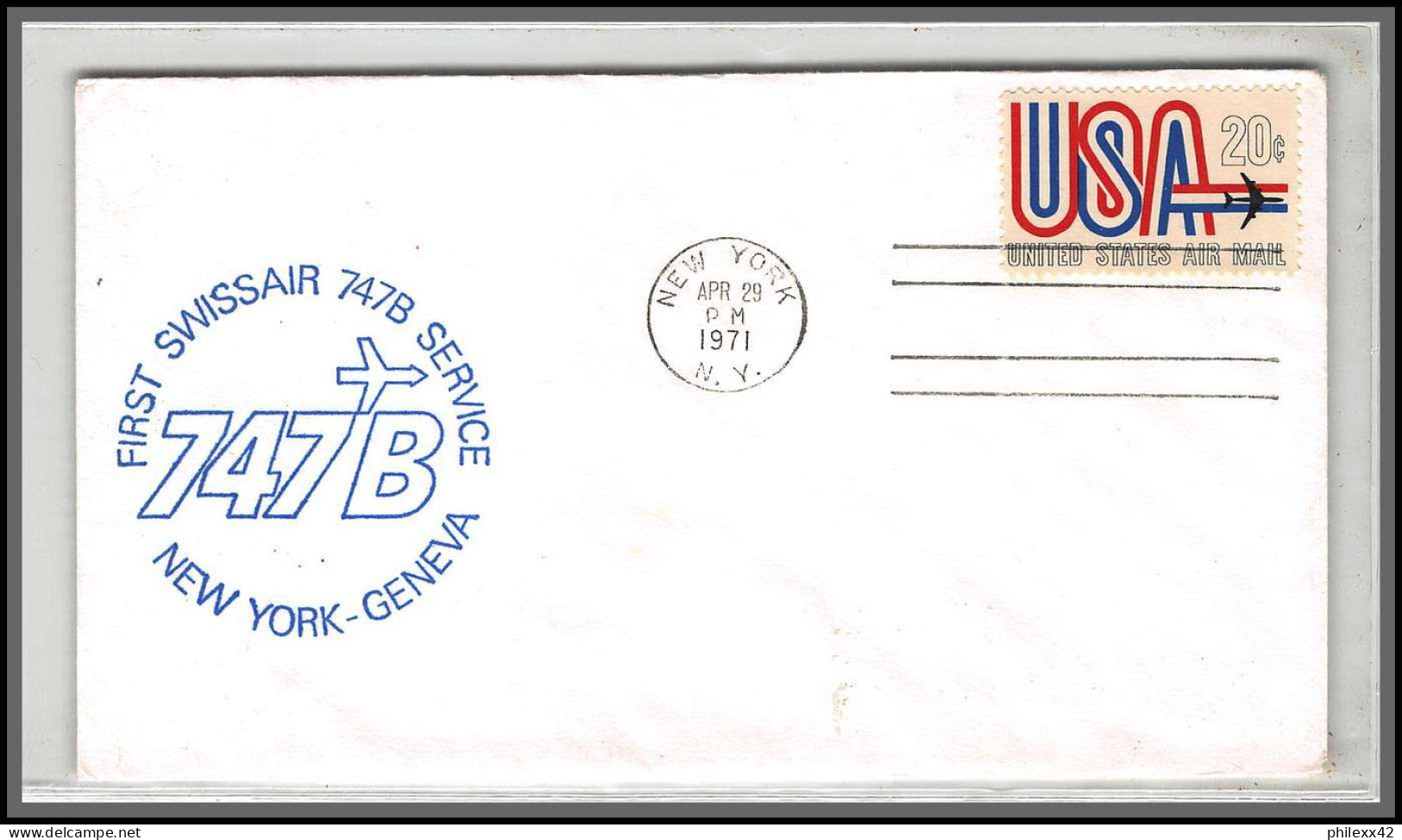 12572 New York Geneve 29/4/1971 Premier Vol First Swissair Suisse 747b Flight Lettre Airmail Cover Usa Aviation - 3c. 1961-... Cartas & Documentos