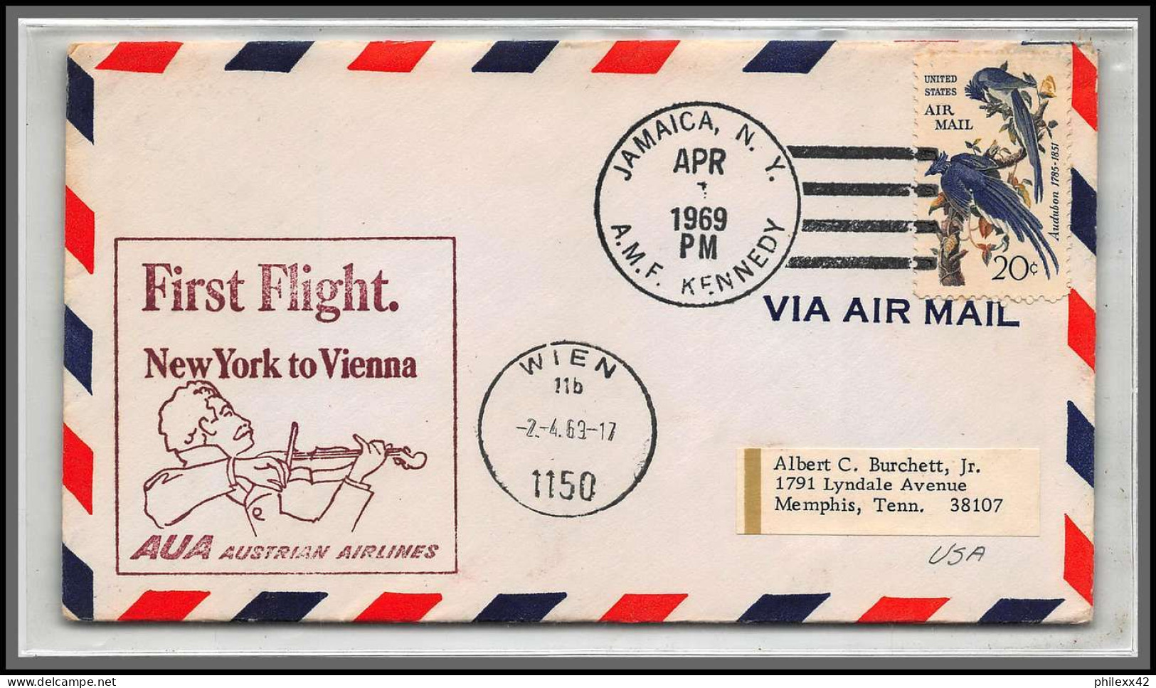 12563 Austrian Airlines New York Vienna Austria Wien 1/4/1969 Premier Vol First Flight Lettre Airmail Cover Usa Aviation - 3c. 1961-... Briefe U. Dokumente