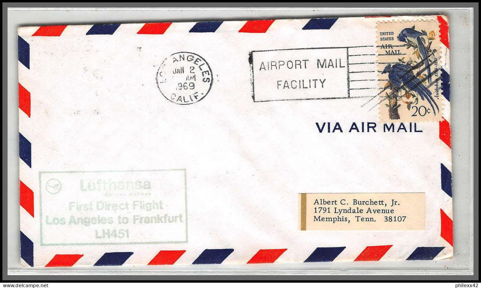 12560 Lh451 Los Angeles Frankfurt 2/1/1969 Premier Vol First Direct Lufthansa Flight Lettre Airmail Cover Usa Aviation - 3c. 1961-... Covers