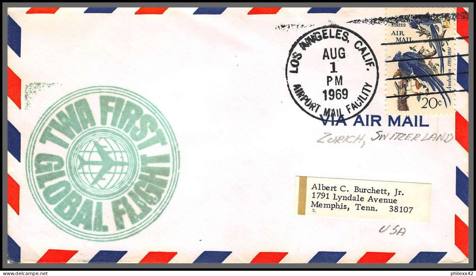 12549 Twa Los Angeles To Switzeland Zurich 1/8/1969 Premier Vol First Global Flight Lettre Airmail Cover Usa Aviation - 3c. 1961-... Storia Postale