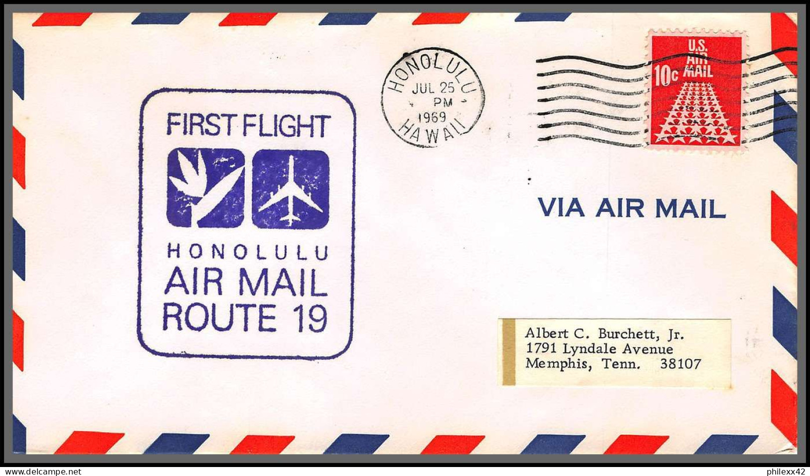 12559 Route 19 Honolulu Hawai Mineapolis 25/7/1969 Premier Vol First Flight Lettre Airmail Cover Usa Aviation - 3c. 1961-... Brieven