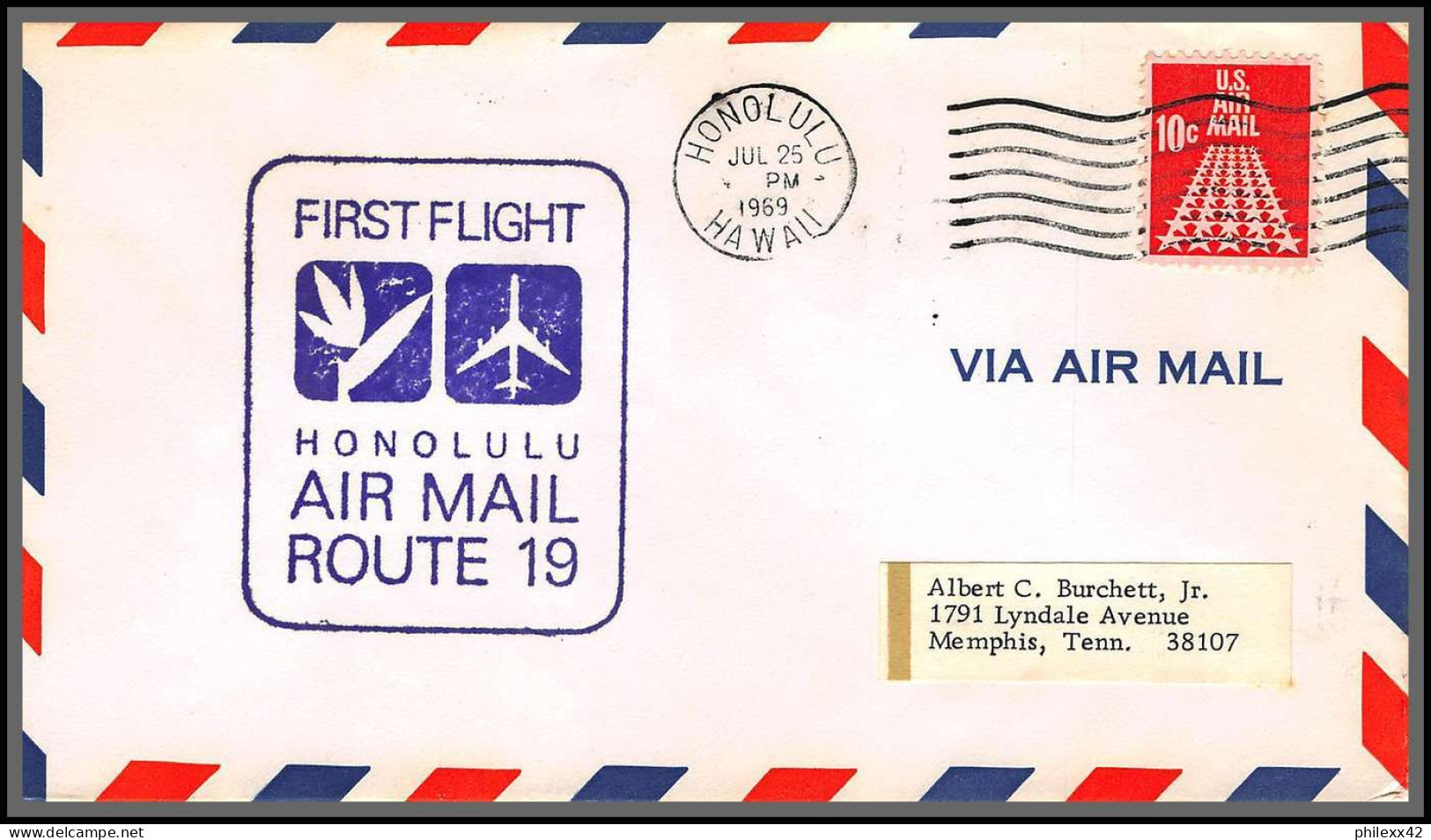 12559 Route 19 Honolulu Hawai Mineapolis 25/7/1969 Premier Vol First Flight Lettre Airmail Cover Usa Aviation - 3c. 1961-... Covers