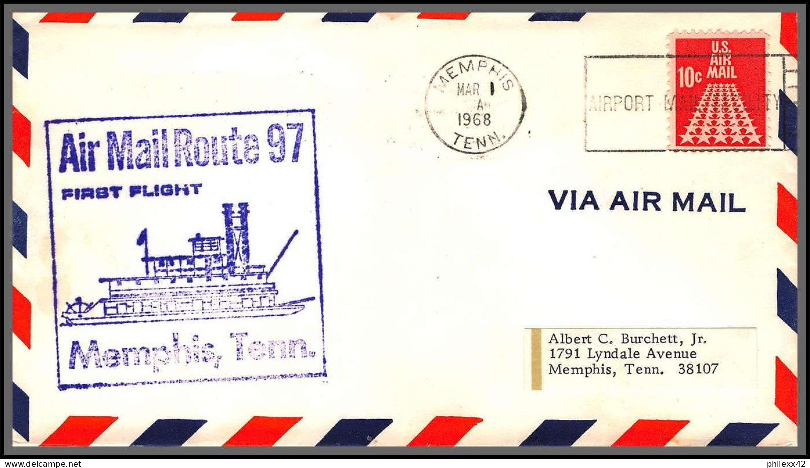 12544 Route 97 Memphis Boston 1/3/1968 Premier Vol First Flight Lettre Airmail Cover Usa Aviation - 3c. 1961-... Briefe U. Dokumente