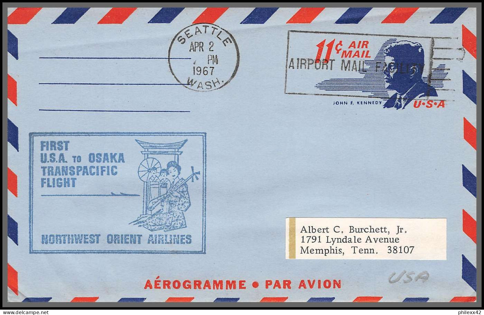 12535 Transpacific Seattle 2/4/1967 Premier Vol First Flight Lettre Airmail Cover Usa To Osaka Japan Aviation - 3c. 1961-... Covers