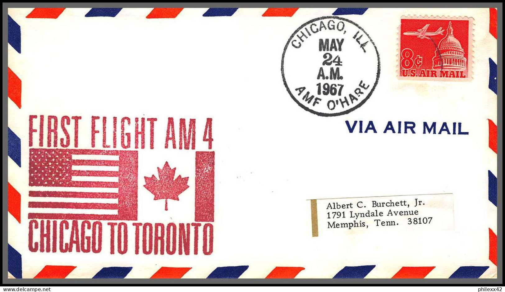 12532 Cachet Rouge Am 4 Los Chicago Toronto 24/5/1967 Premier Vol First Flight Lettre Airmail Cover Usa Aviation - 3c. 1961-... Storia Postale