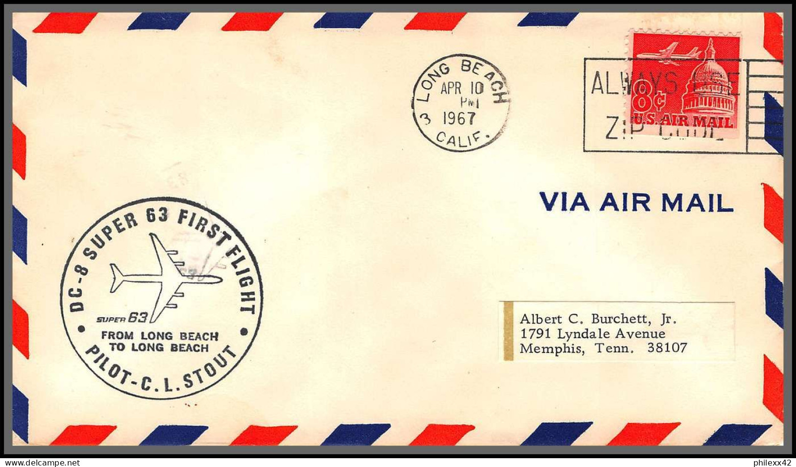 12528 Super 63 Long Beach Pilot Stout Long Beach 10/4/1967 Premier Vol First Flight Lettre Airmail Cover Usa Aviation - 3c. 1961-... Storia Postale