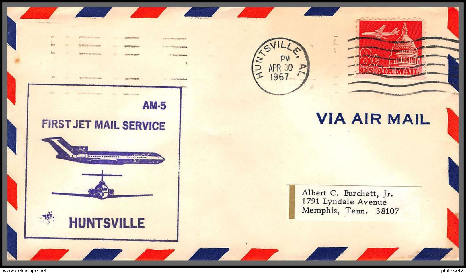 12526 Am 5 Huntsville 30/4/1967 Premier Vol First Jet Mail Service Flight Lettre Airmail Cover Usa Aviation - 3c. 1961-... Cartas & Documentos