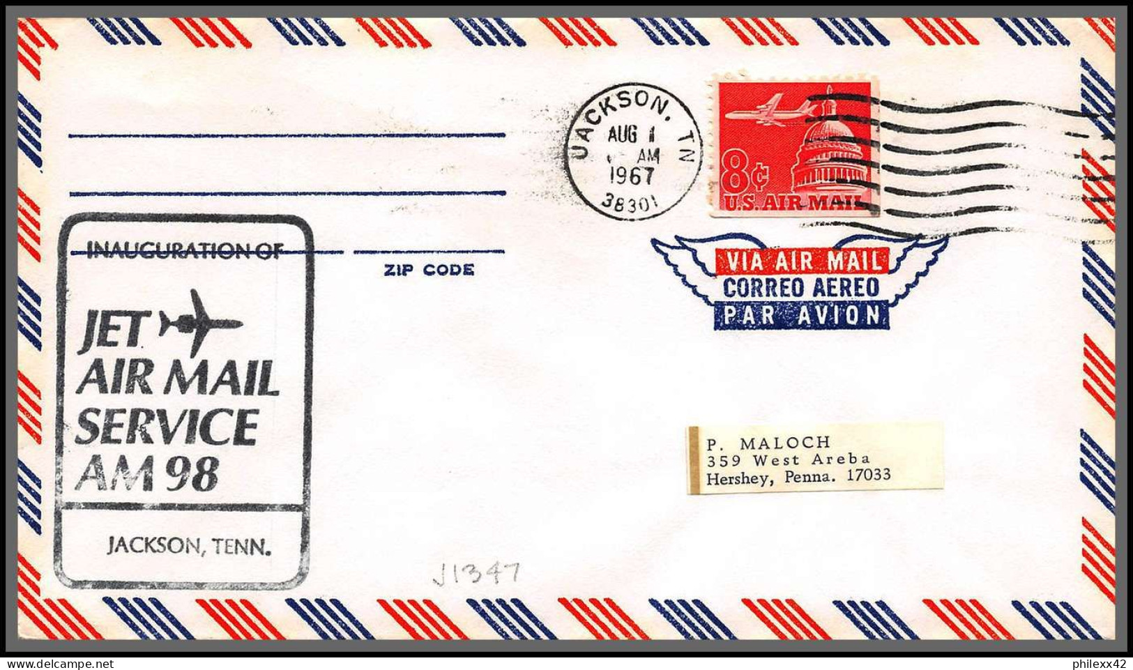 12513 Am 98 Jackson 1/8/1967 Inauguration Premier Vol First Flight Lettre Jet Air Mail Service Cover Usa Aviation - 3c. 1961-... Briefe U. Dokumente