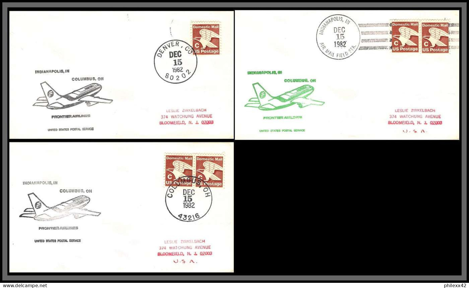 12581 Lot De 3 Frontier Airlines Denver Indianapolis Columbus 15/12/1982 Premier Vol First Flight Lettre Airmail Cover - 3c. 1961-... Covers