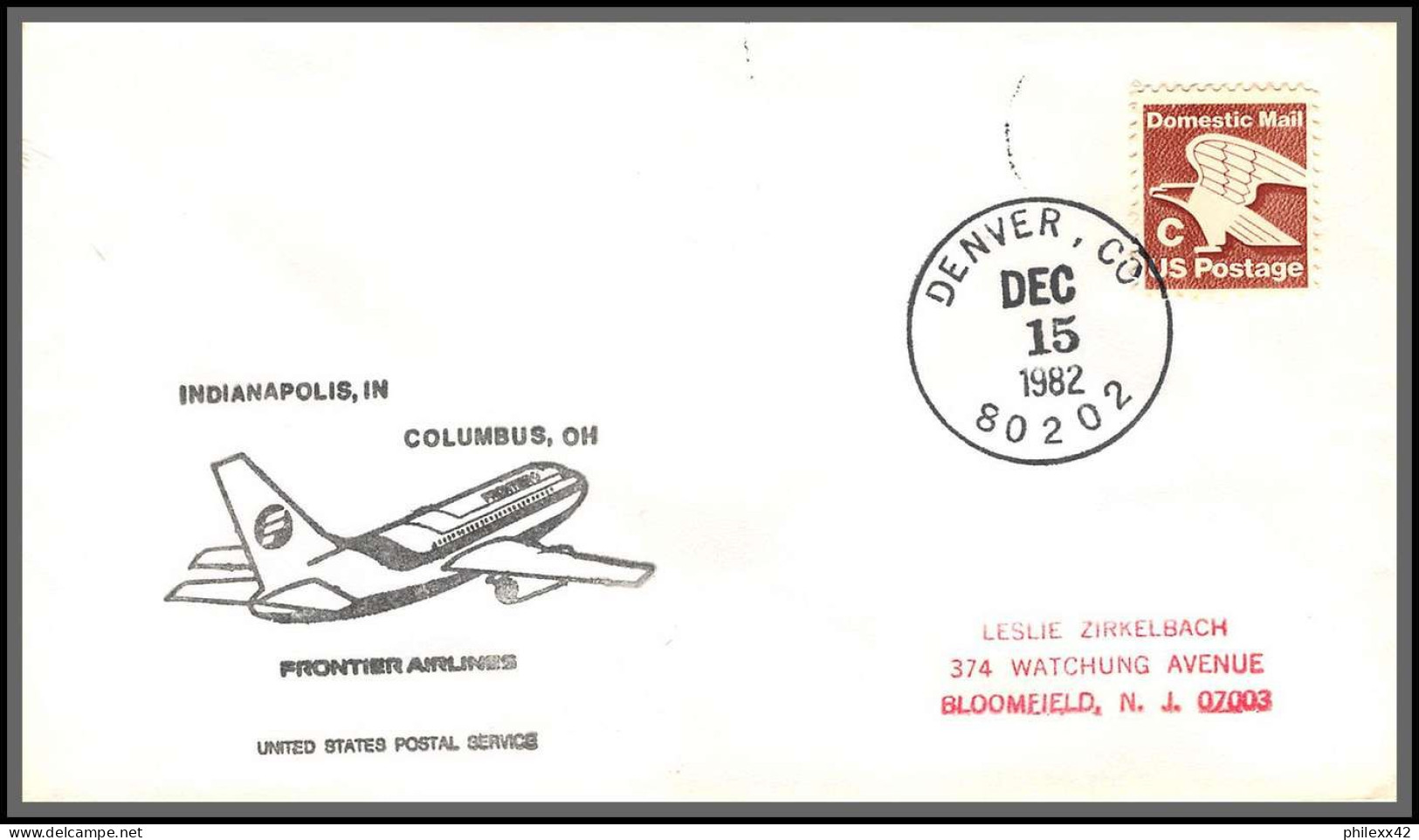 12581 Lot De 3 Frontier Airlines Denver Indianapolis Columbus 15/12/1982 Premier Vol First Flight Lettre Airmail Cover - 3c. 1961-... Cartas & Documentos