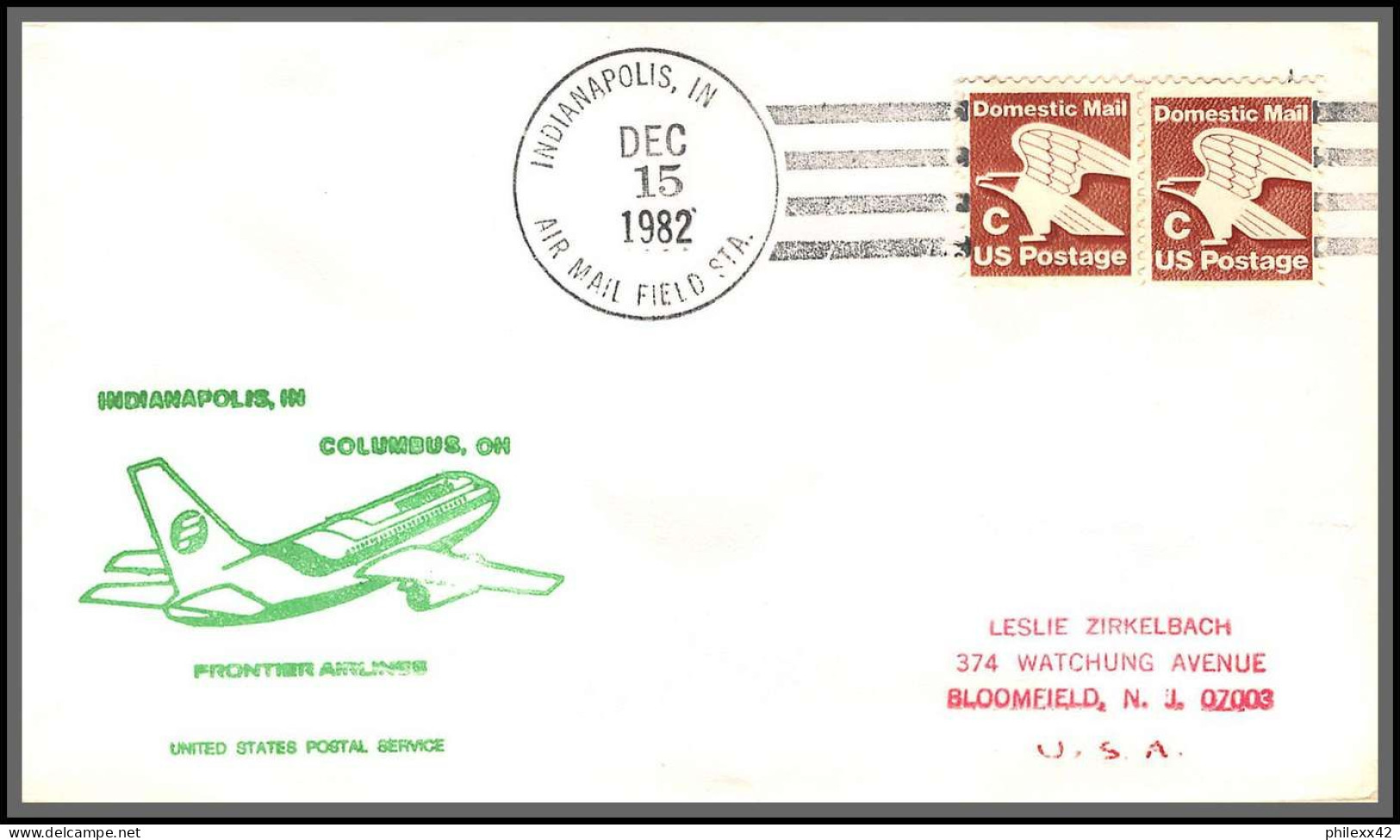 12581 Lot De 3 Frontier Airlines Denver Indianapolis Columbus 15/12/1982 Premier Vol First Flight Lettre Airmail Cover - 3c. 1961-... Brieven