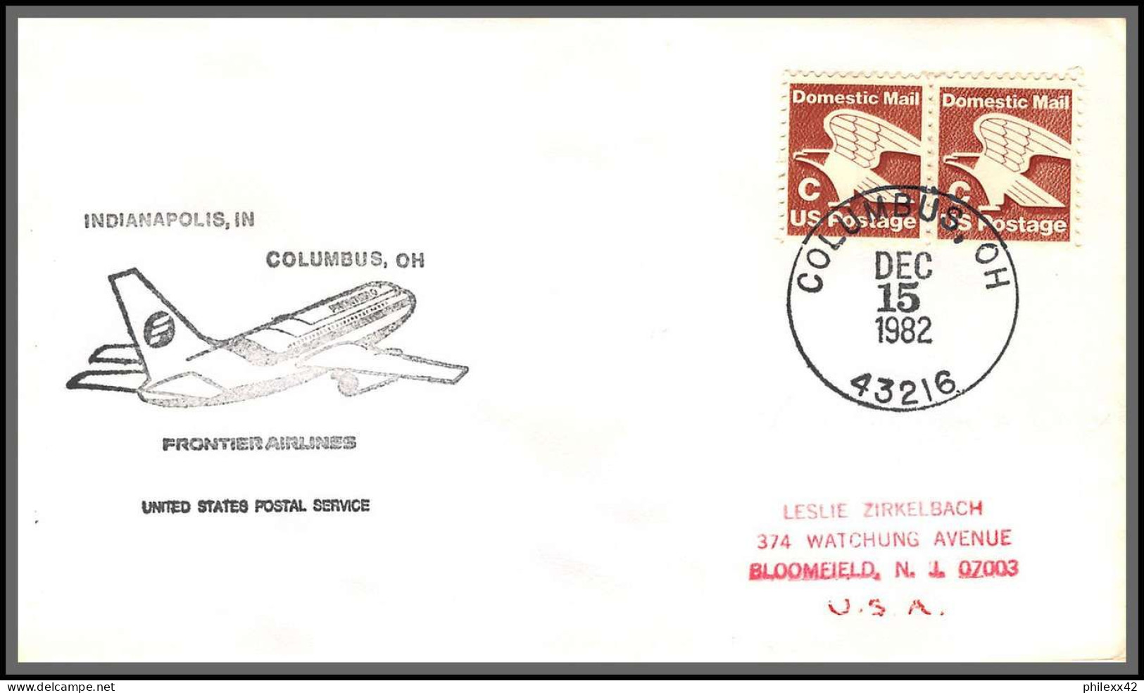 12581 lot de 3 frontier airlines denver indianapolis columbus 15/12/1982 premier vol first flight lettre airmail cover