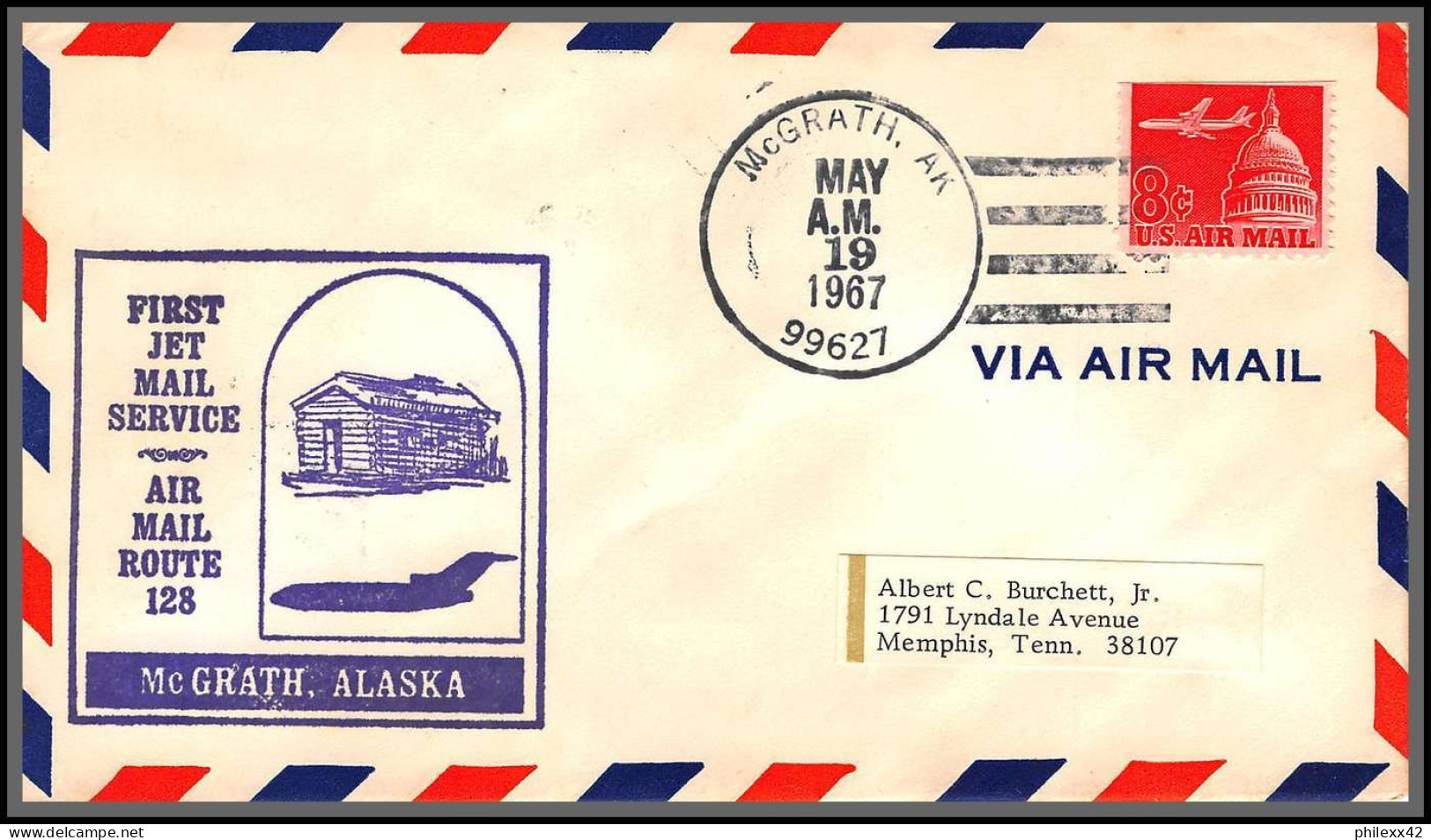 12515 Route 128 19/8/1967 Mc Grath Alaska Premier Vol First Jet Mail Service Flight Lettre Airmail Cover Usa Aviation - 3c. 1961-... Covers