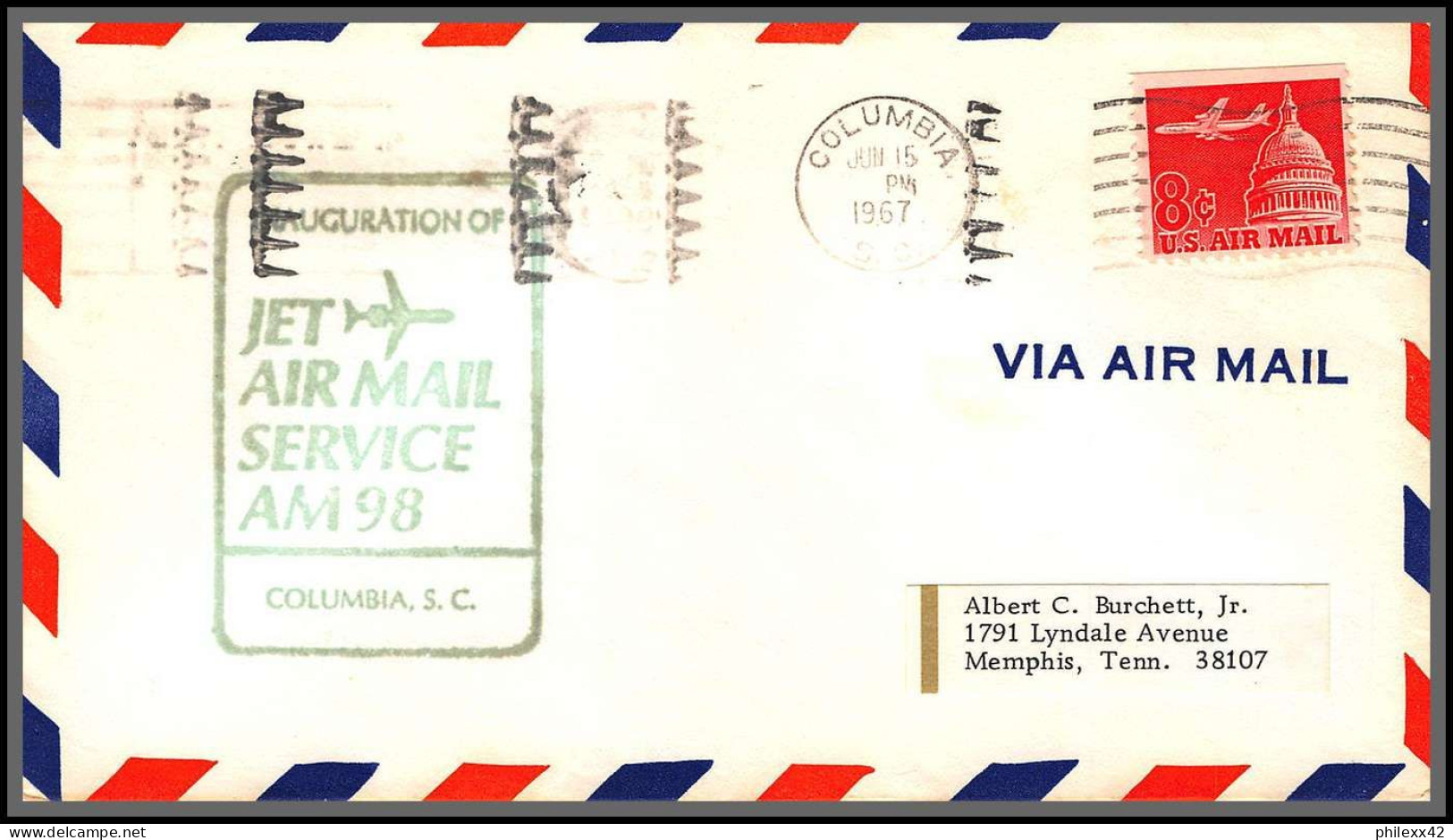 12510 Am 98 Columbia 15/6/1967 Inauguration Premier Vol First Flight Lettre Jet Air Mail Service Cover Usa Aviation - 3c. 1961-... Lettres