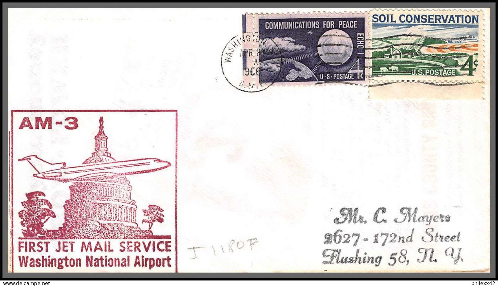 12488 Am 3 Washington Airport 24/4/1966 Premier Vol First Jet Service Flight Lettre Airmail Cover Usa Aviation - 3c. 1961-... Cartas & Documentos