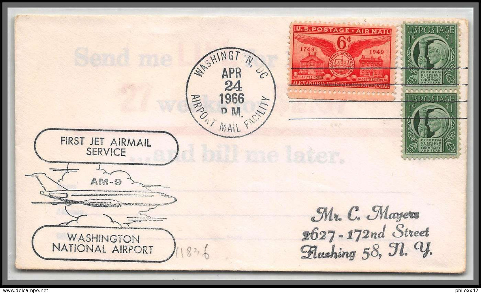 12485 Am 9 Washington Airport 24/4/1966 Premier Vol First Jet Service Flight Lettre Airmail Cover Usa Aviation - 3c. 1961-... Lettres