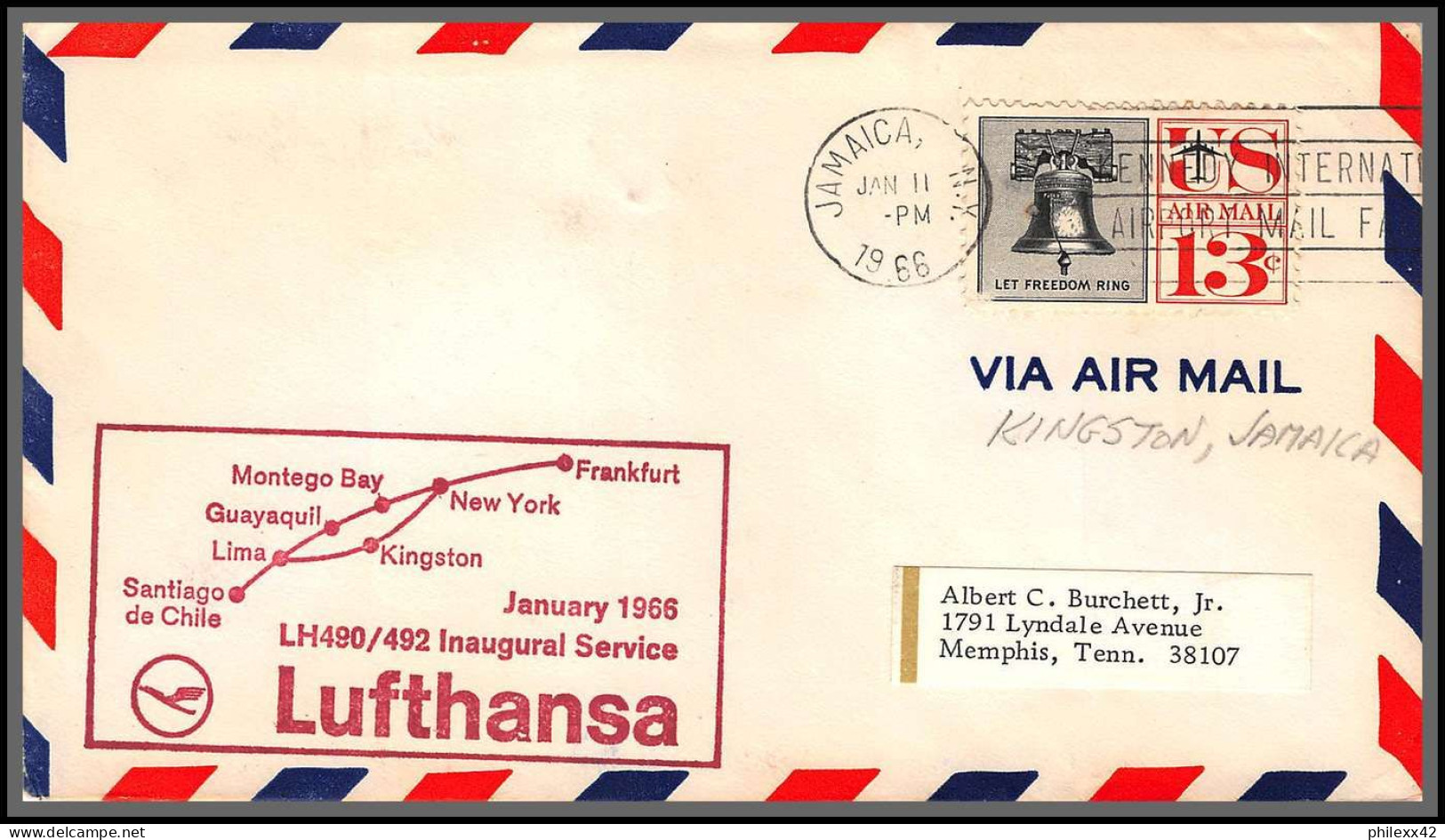 12471 Lh490 / 492 Inaugural Service Lufthansa Kingston Jamaica 11/1/1966 Premier Vol First Flight Lettre Airmail Cover - 3c. 1961-... Cartas & Documentos