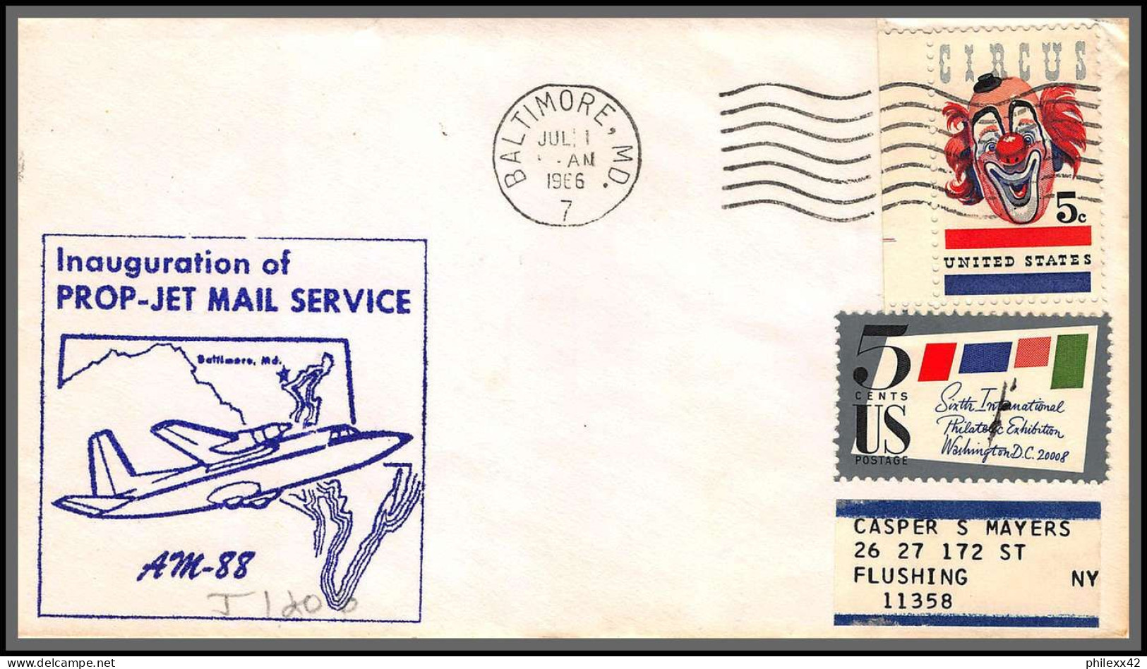 12477 Am 88 Baltimore 1/7/1966 Premier Vol First Prop Jet Mail Service Flight Lettre Airmail Cover Usa Aviation - 3c. 1961-... Lettres