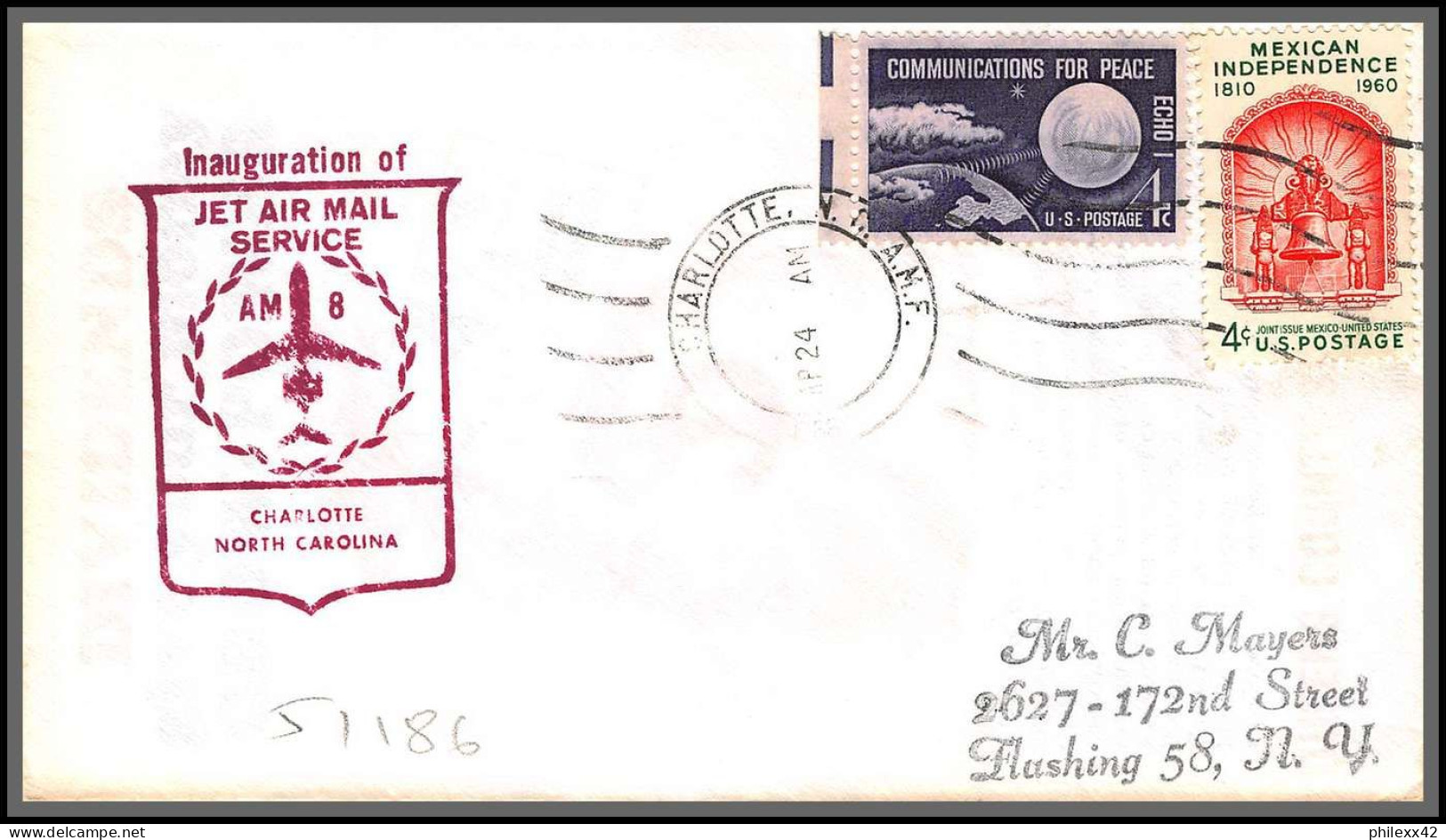 12455 Am 8 Inauguration Jet Air Mail Service Charlotte 24/4/1966 Premier Vol First Flight Lettre Airmail Cover Usa  - 3c. 1961-... Covers
