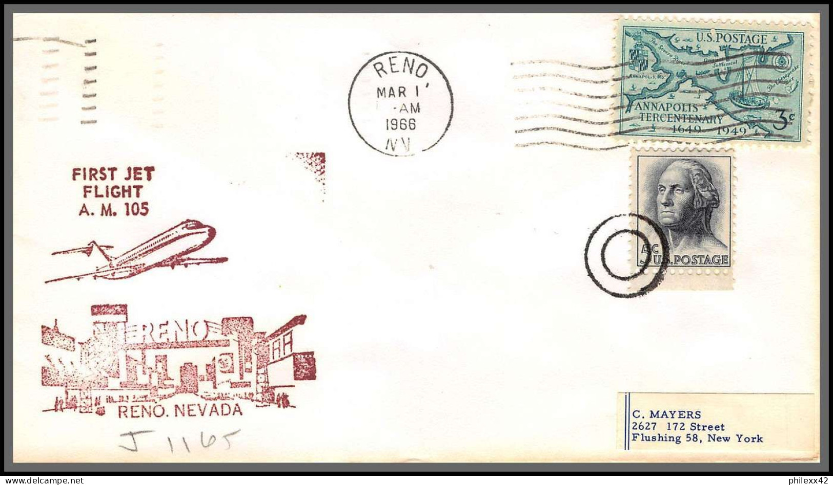 12442 Am 105 Reno Nevada 1/3/1966 Premier Vol First Jet Flight Lettre Airmail Cover Usa Aviation - 3c. 1961-... Briefe U. Dokumente