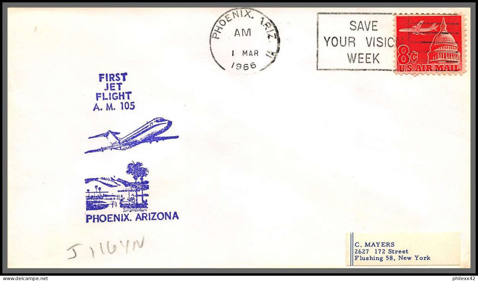 12441 Am 105 Phoenix Arizone 1/3/1966 Premier Vol First Jet Flight Lettre Airmail Cover Usa Aviation - 3c. 1961-... Briefe U. Dokumente