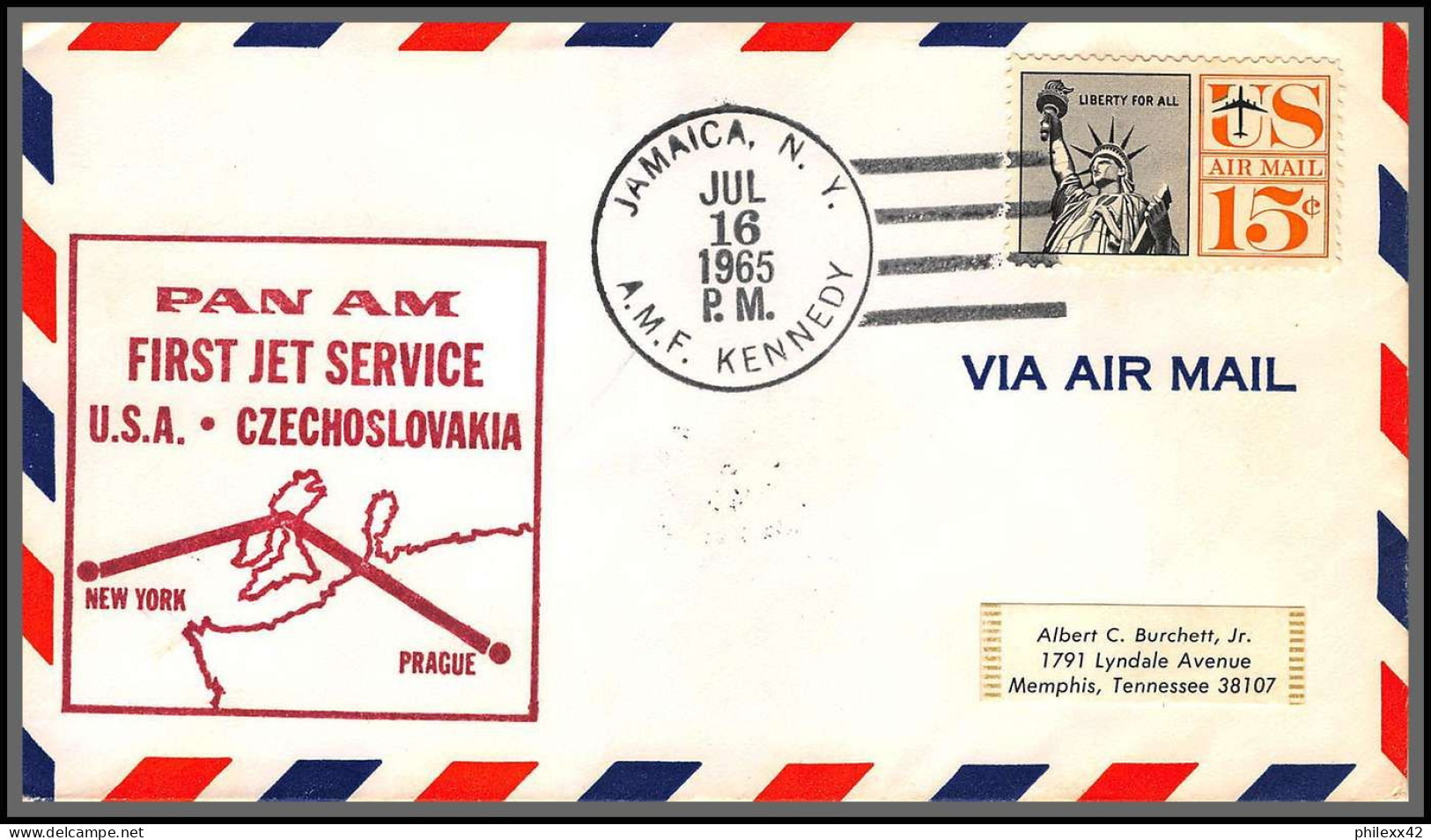 12433 Pan Am Usa Czechoslovakia 16/7/1965 Premier Vol First Flight Lettre Airmail Cover Usa Aviation - 3c. 1961-... Storia Postale