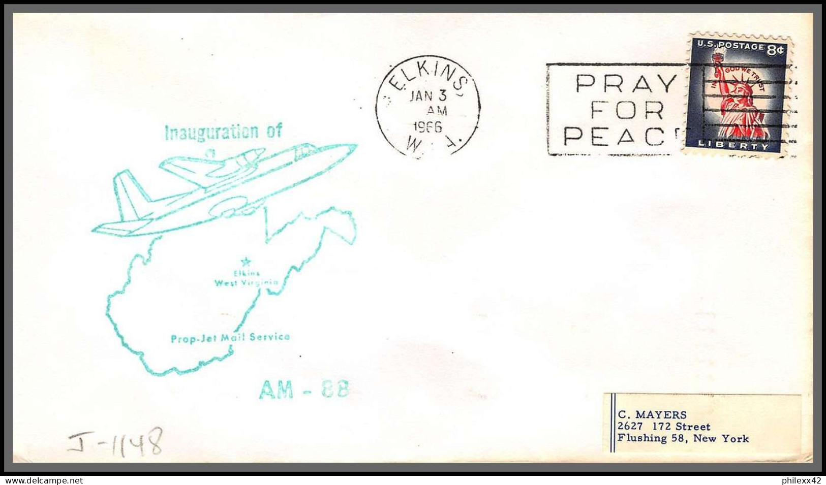 12428 Inauguration Am 88 Elkins 3/1/1966 Premier Vol First Flight Lettre Airmail Cover Usa Aviation - 3c. 1961-... Storia Postale