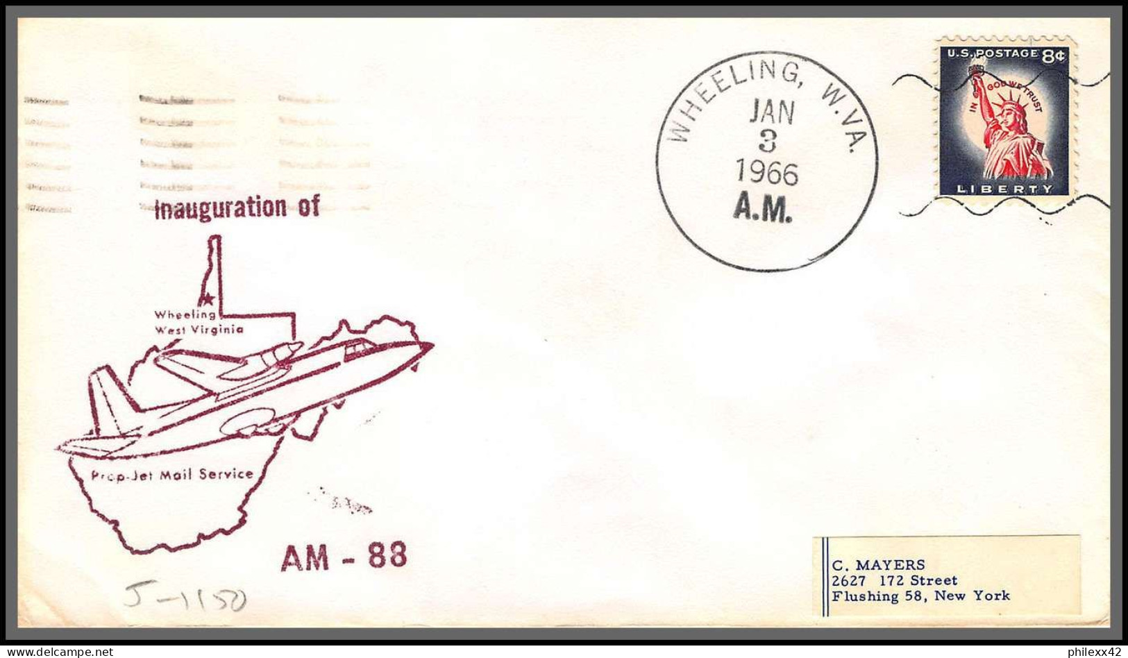 12439 Am 88 Inauguration Prop Jet Mail Service Wheeling 3/1/1966 Premier Vol First Flight Lettre Airmail Cover Usa  - 3c. 1961-... Lettres