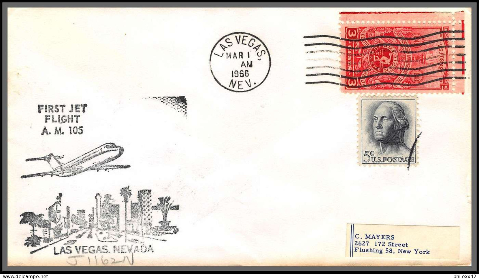 12440 Am 105 Las Vegas Nevada 1/3/1966 Premier Vol First Jet Flight Lettre Airmail Cover Usa Aviation - 3c. 1961-... Cartas & Documentos