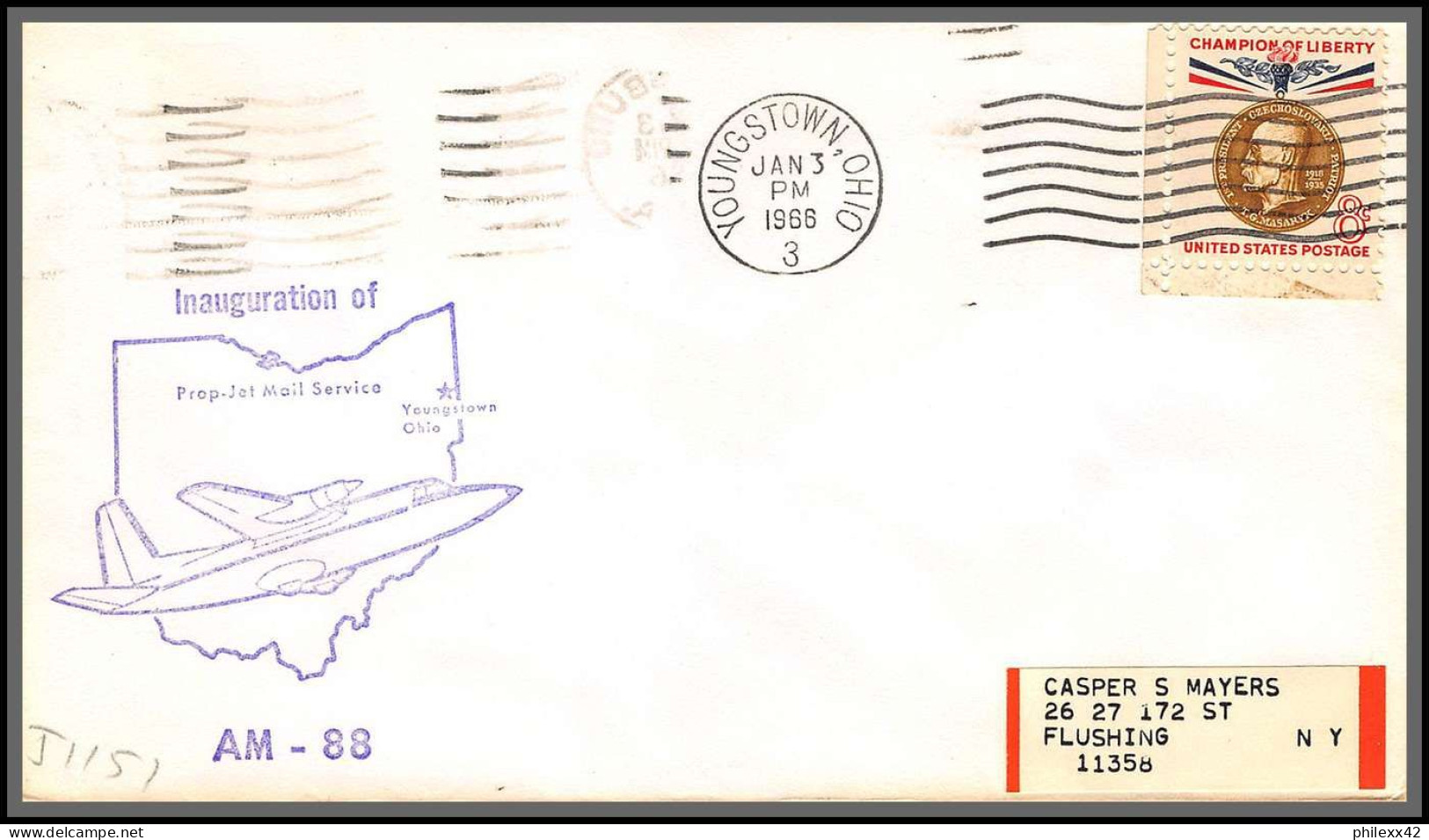 12437 Am 88 Inauguration Prop Jet Mail Service Youngstown 3/1/1966 Premier Vol First Flight Lettre Airmail Cover Usa  - 3c. 1961-... Cartas & Documentos