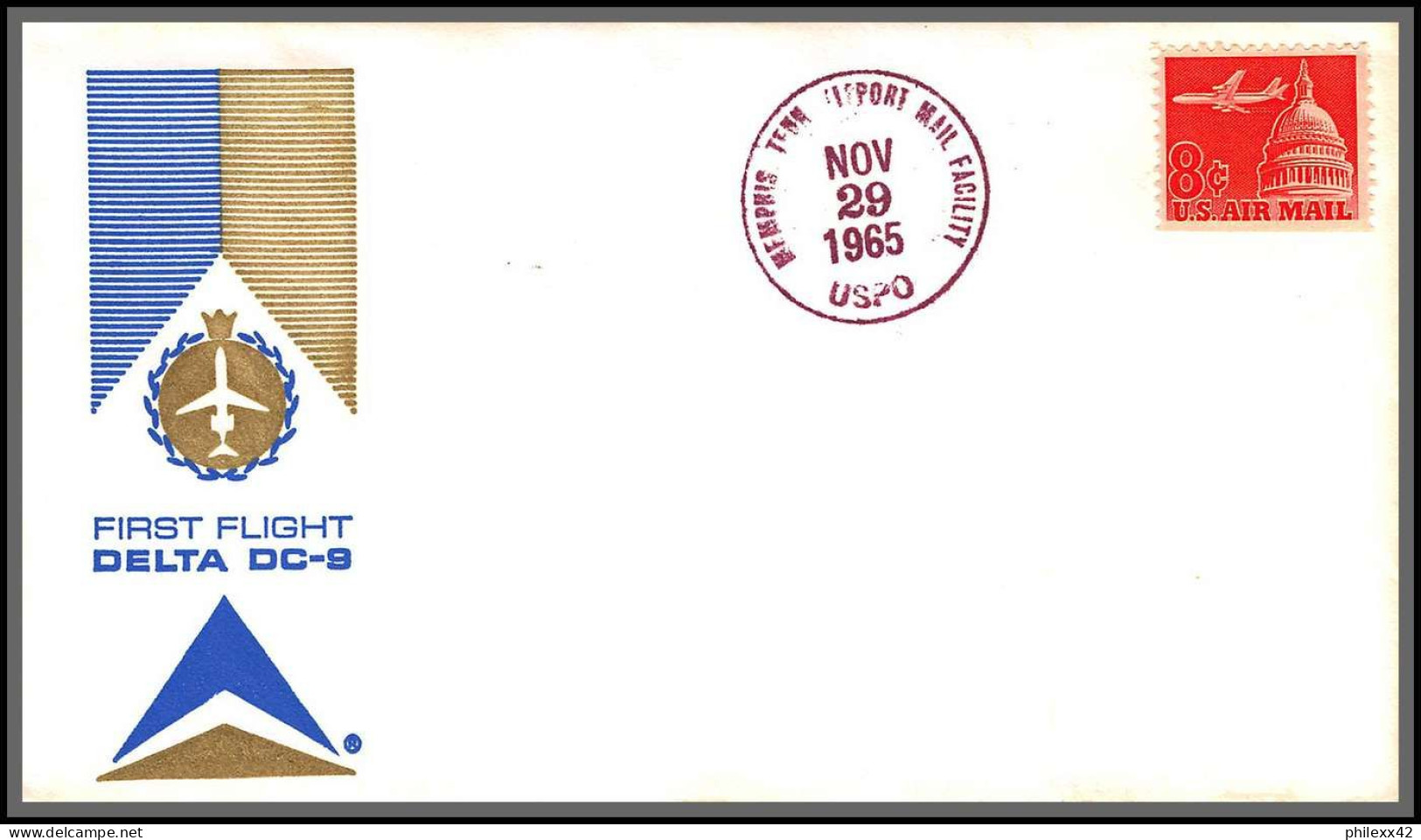 12425 29/11/1965 Memphis Kansas City Premier Vol First Flight Delta Dc 9 Lettre Airmail Cover Usa Aviation - 3c. 1961-... Covers