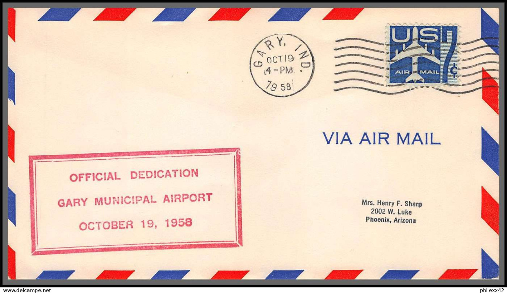 12418 Gary Municipal Airport Dedication 19/10/1958 Premier Vol First Flight Airmail Entier Stationery Usa Aviation - 2c. 1941-1960 Covers