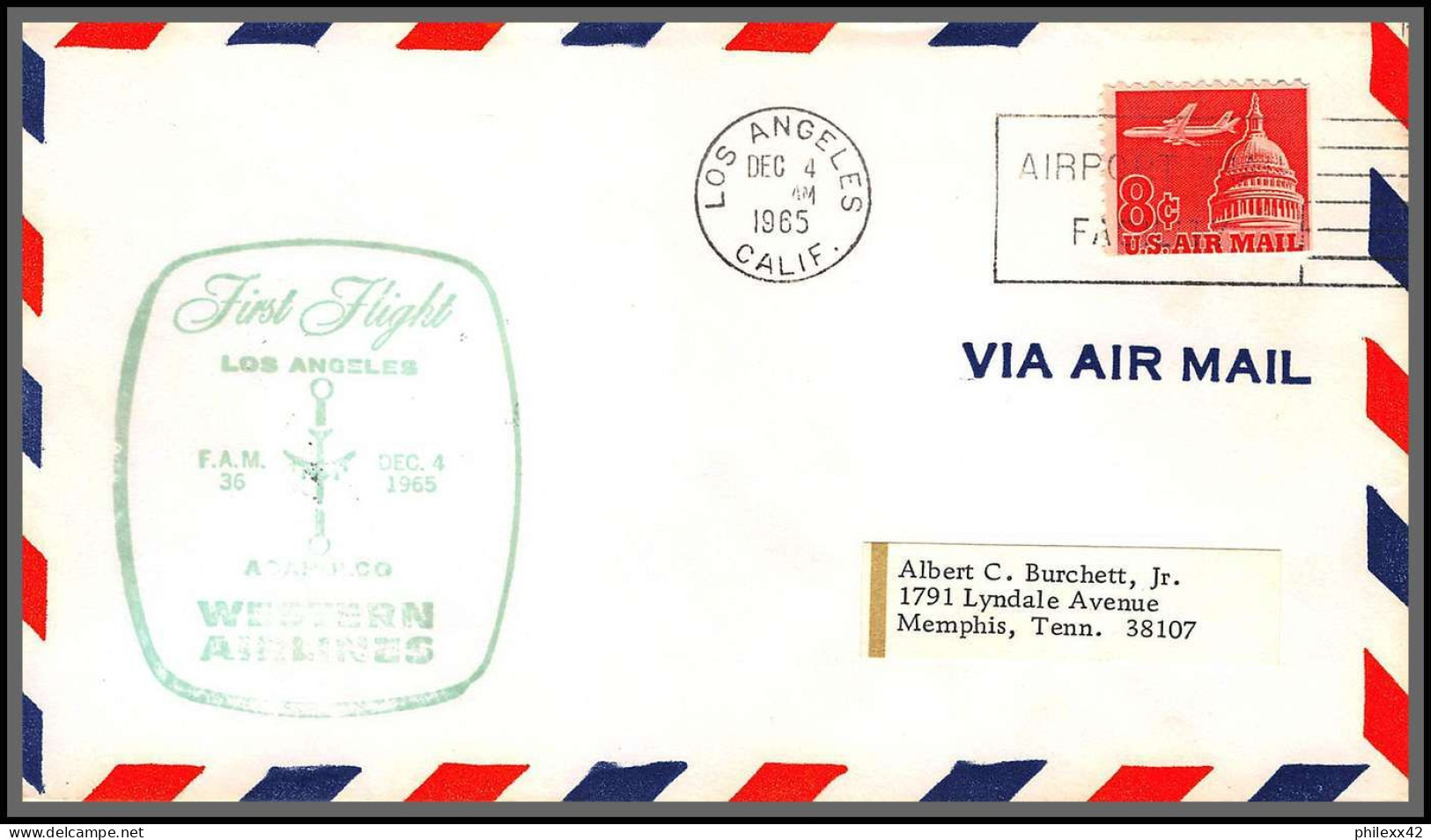 12422 Fam 36 Los Angeles Acapulco Mexico 4/12/1965 Premier Vol First Flight Lettre Airmail Cover Usa Aviation - 3c. 1961-... Storia Postale