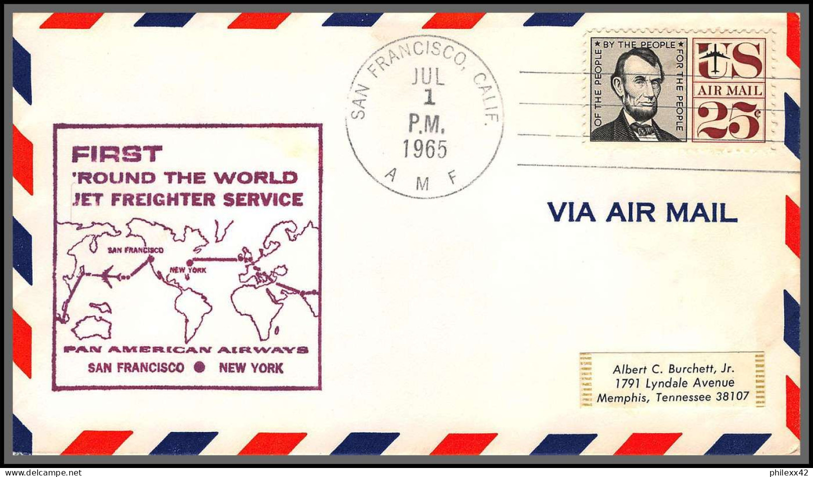 12416 San Francisco New York Usa 1/7/1965 Premier Vol First Round The World Jet Freighter Service Flight Lettre Airmail  - 3c. 1961-... Lettres