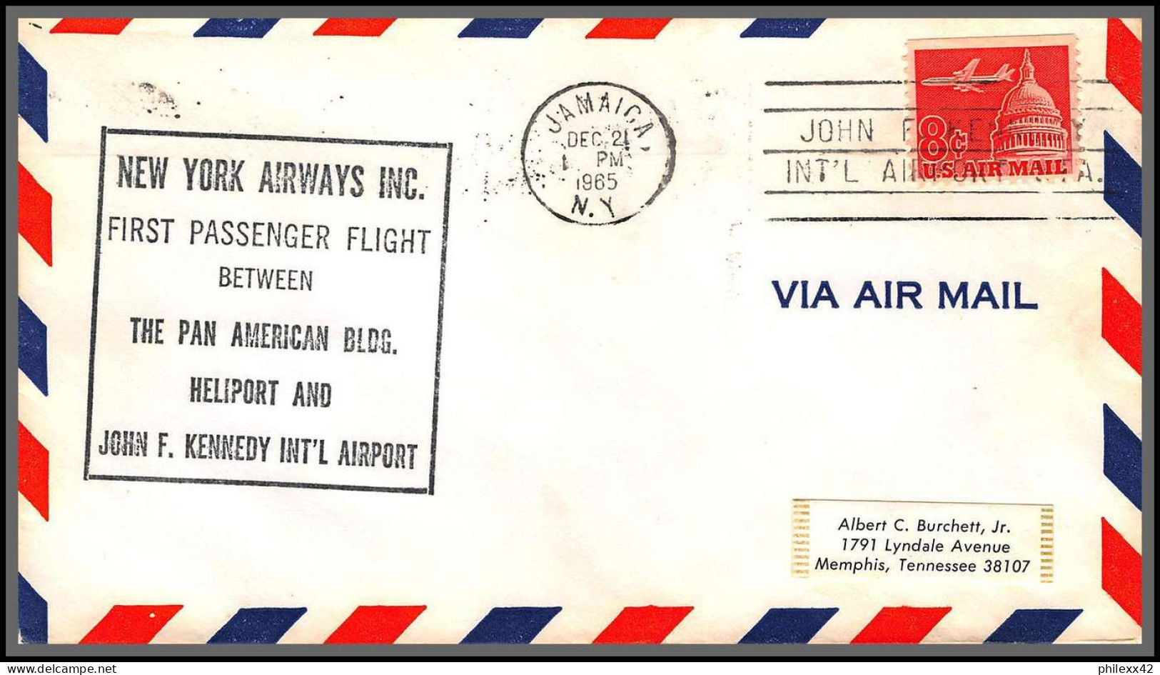12417 New York Airways Jamaica 21/12/1965 Premier Vol First Passenger Flight Pan American Heliport And Kennedy Airport  - 3c. 1961-... Lettres