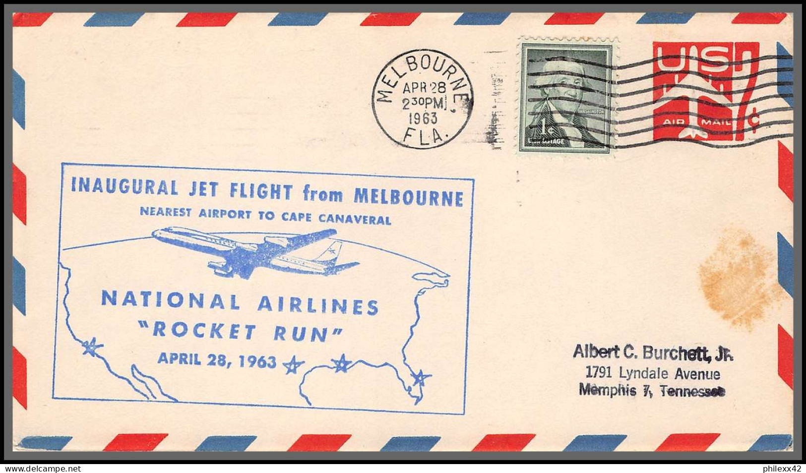 12401 Melbourne Rocket Run 28/4/1963 Premier Vol Inaugural Jet First Flight Lettre Airmail Cover Usa Aviation - 3c. 1961-... Cartas & Documentos