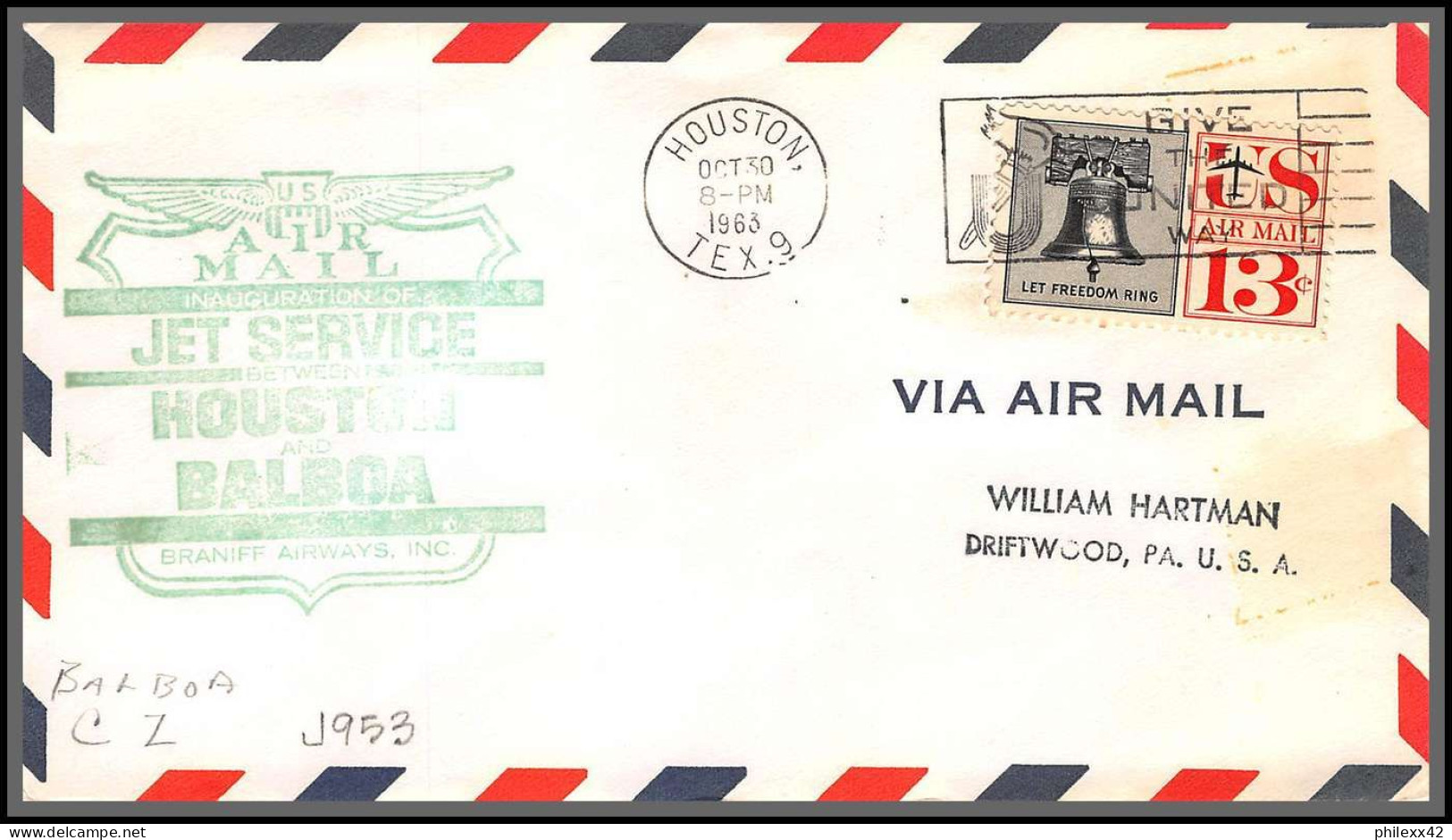 12402 Jet Service Houston And Balboa 30/10/1963 Premier Vol First Flight Lettre Airmail Cover Usa Aviation - 3c. 1961-... Brieven
