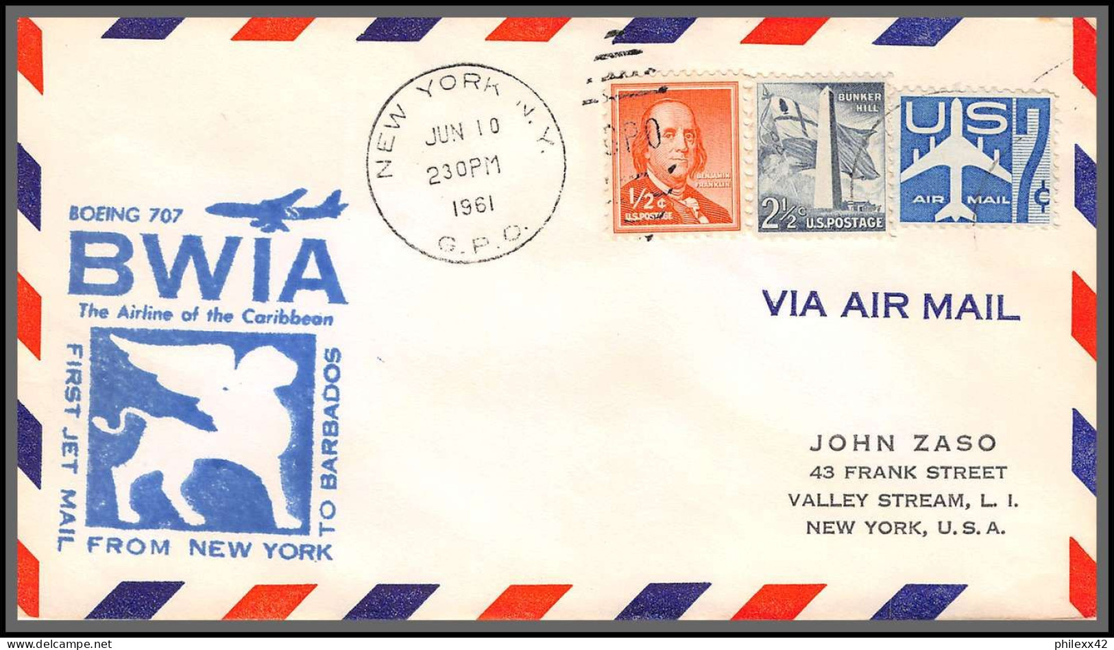 12395 New York Barbados Boeing Bwia 10/6/1961 Premier Vol First Flight Lettre Airmail Cover Usa Aviation - 3c. 1961-... Cartas & Documentos