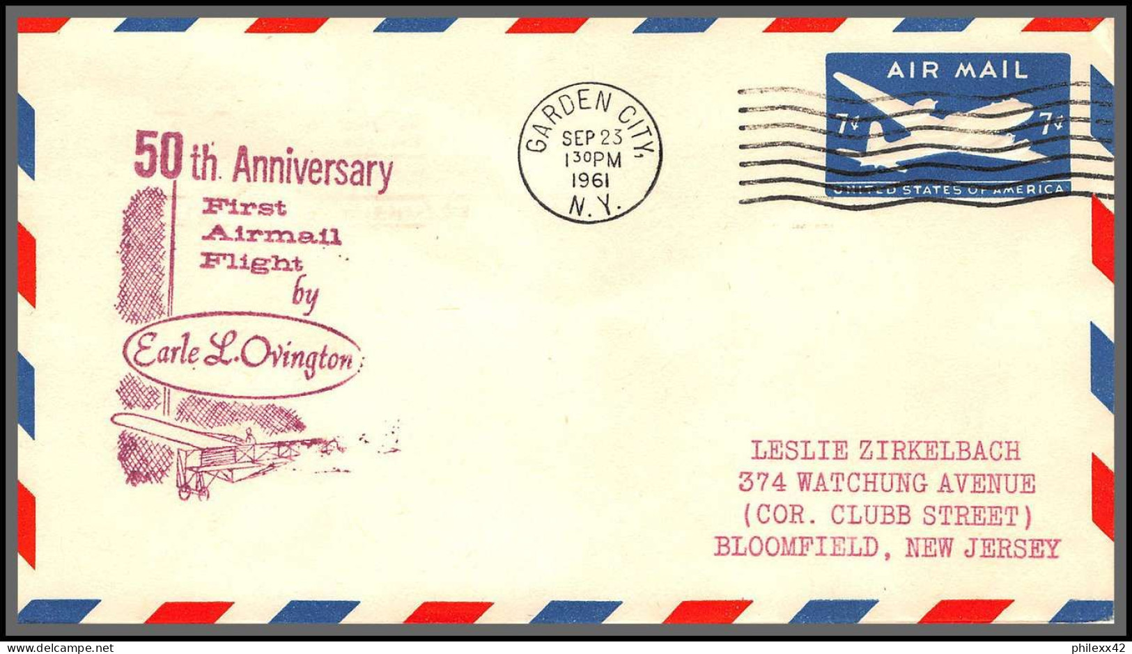 12394 50 Th Anniversary Earle Lewis Ovington Garden City 23/9/1961 Premier Vol First Flight Airmail Entier Stationery - 3c. 1961-... Cartas & Documentos