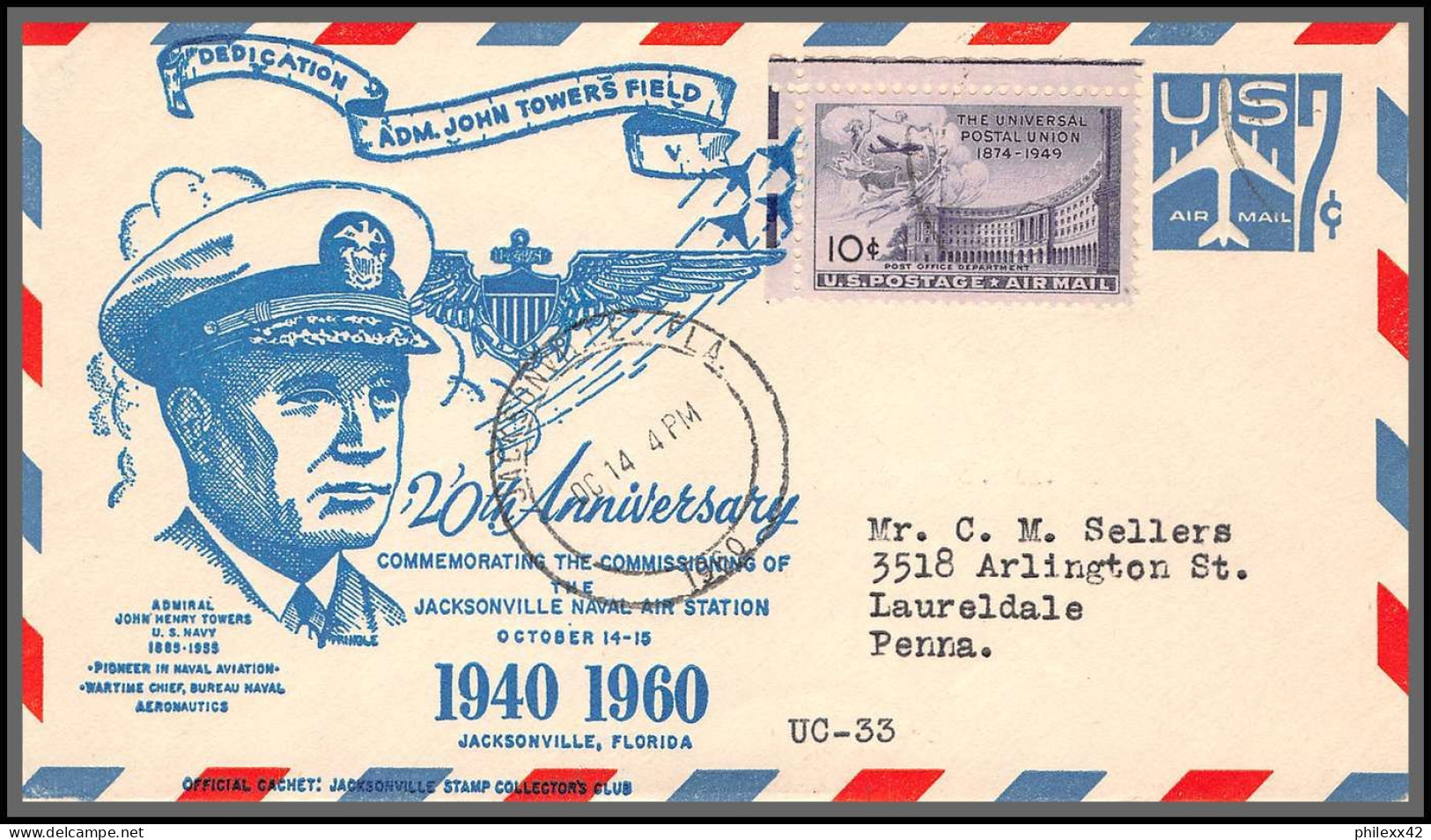 12391d 20 Th Anniversary Jacksonville Naval Air Station 14/10/1960 Airmail Entier Stationery Usa Aviation - 2c. 1941-1960 Cartas & Documentos