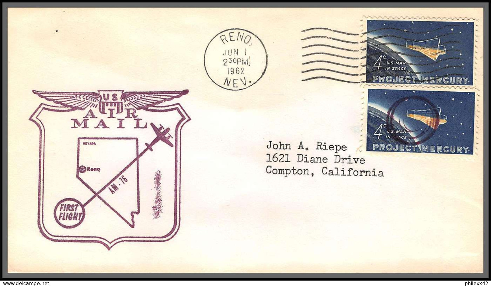 12400 Am 79 Reno Pour Compton 1/6/1962 Premier Vol First Flight Lettre Airmail Cover Usa Aviation - 3c. 1961-... Storia Postale
