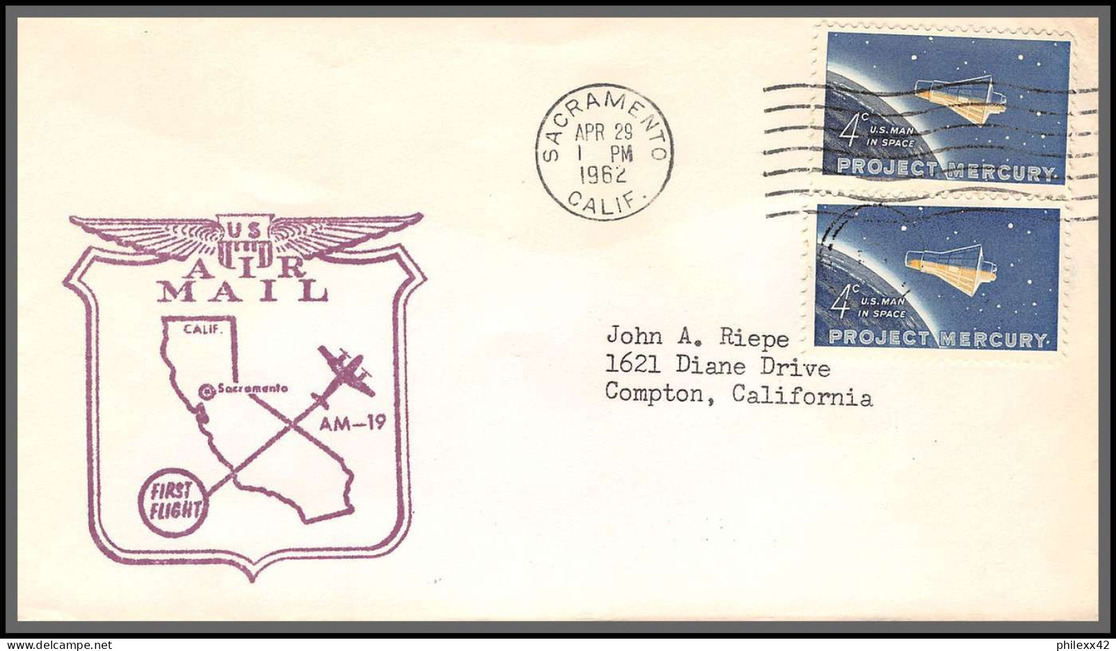 12399 Am 19 Sacramento 29/4/1962 Premier Vol First Flight Lettre Airmail Cover Usa Aviation - 3c. 1961-... Brieven