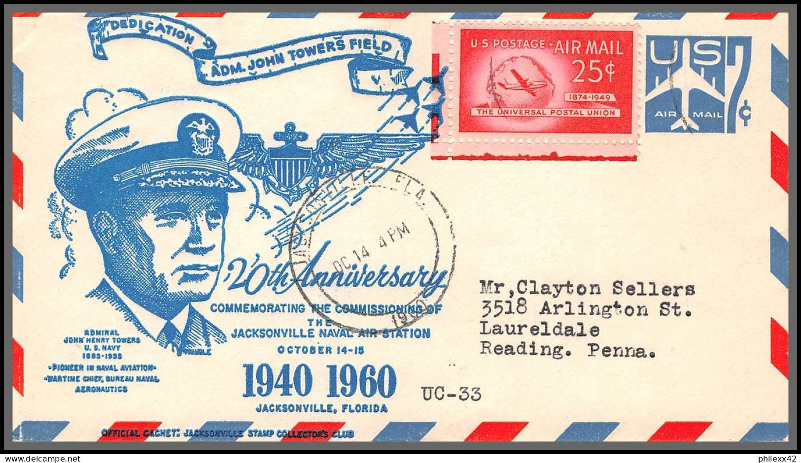 12391b 20 Th Anniversary Jacksonville Naval Air Station 14/10/1960 Airmail Entier Stationery Usa Aviation - 2c. 1941-1960 Brieven