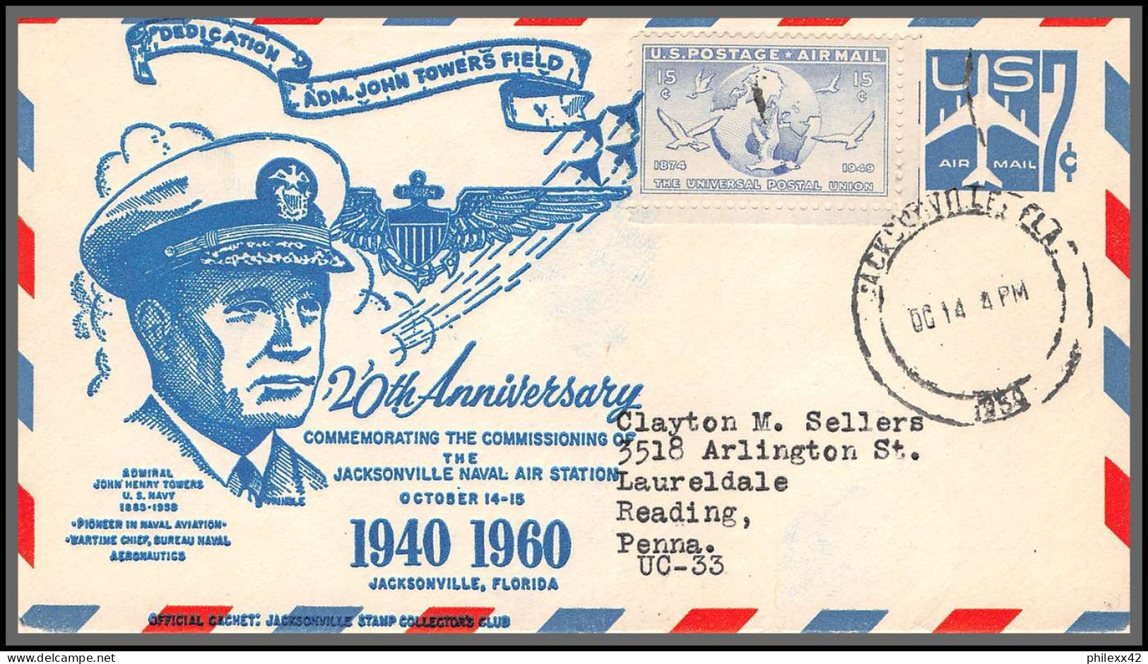 12391 20 Th Anniversary Jacksonville Naval Air Station 14/10/1960 Airmail Entier Stationery Usa Aviation - 2c. 1941-1960 Cartas & Documentos