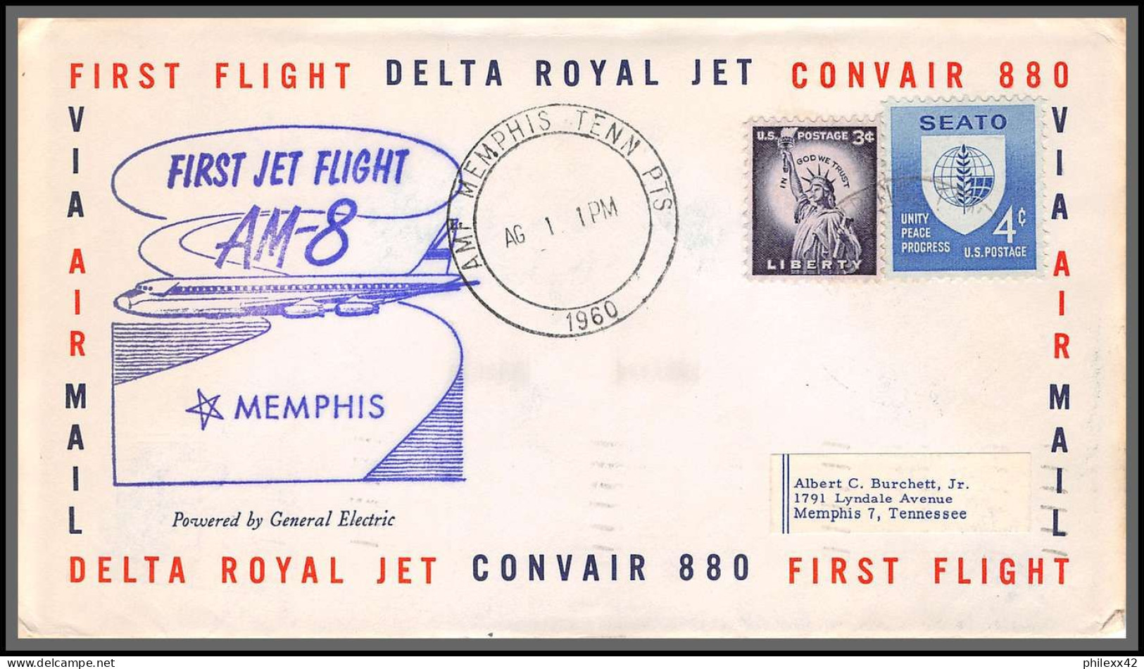 12378 Am 8 Memphis 1/8/1960 Delta Royal Jet Corvair 880 Premier Vol First Flight Lettre Airmail Cover Usa - 2c. 1941-1960 Cartas & Documentos