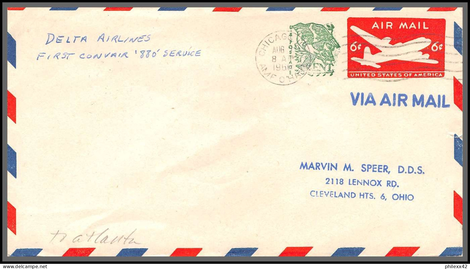 12381 Delta Airlines Chicago Atlanta August 1960 Premier Vol First Corvair 880 Service Flight Airmail Entier Stationery  - 2c. 1941-1960 Cartas & Documentos