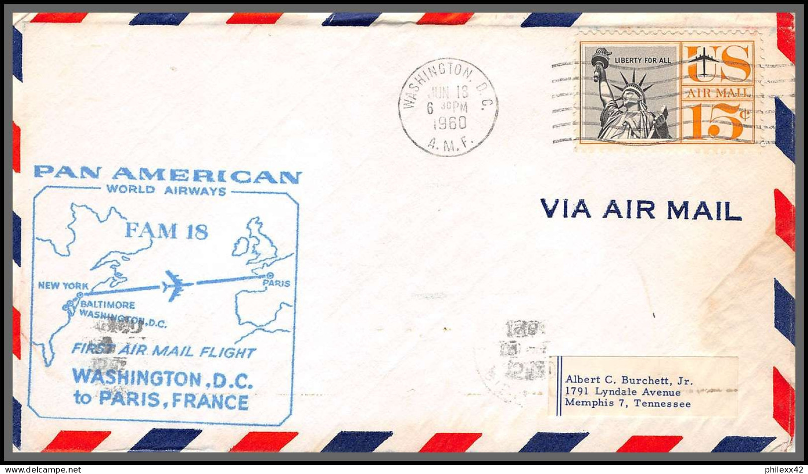 12374 Fam 18 Washington To Paris France 18/6/1960 Premier Vol First Flight Lettre Airmail Cover Usa Aviation - 2c. 1941-1960 Cartas & Documentos